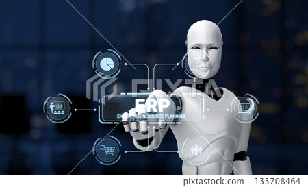 Futuristic robotic figure presenting digital interface with various business analytics and planning tools for enhanced enterprise resource management strategies Synapse 133708464
