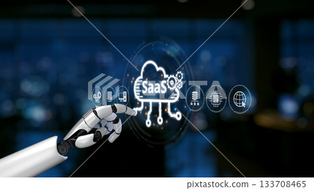 Futuristic robotic hand interacting with cloud technology icons, showcasing Software as a Service concept in a modern digital workspace setting Synapse Futuristic robotic hand interacting with cloud technology icons, showcasing Software as a Service concept in a modern digital workspace setting Synapse 133708465