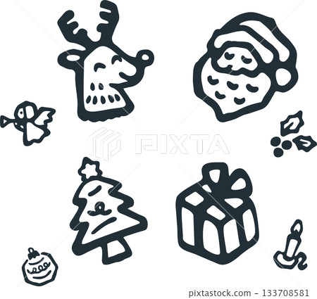 Hand-drawn Christmas motif icon set, Santa and reindeer, cute winter decoration parts Hand-drawn Christmas motif icon set, Santa and reindeer, cute winter decoration parts 133708581