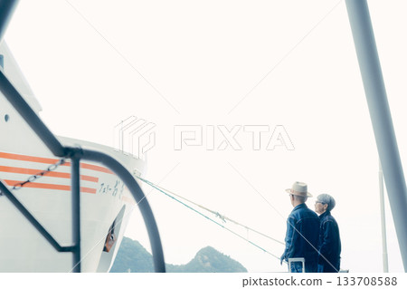 一對老年夫婦在渡輪前享受旅程的肖像照 133708588