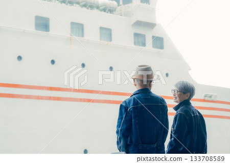 Portrait of a senior couple enjoying a trip in front of a ferry 133708589