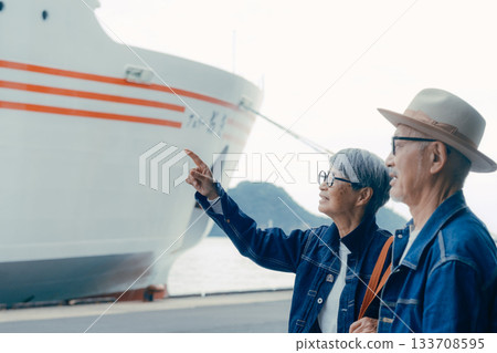 Portrait of a senior couple enjoying a trip in front of a ferry 133708595
