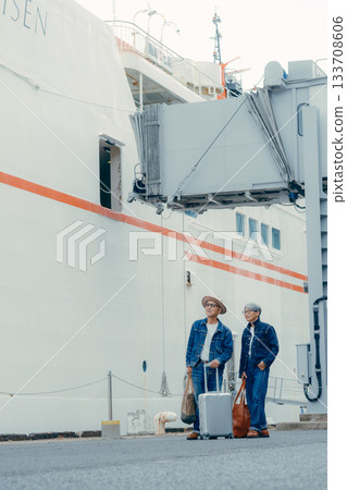 旅遊照片：一對老年夫婦在港口觀看渡輪。 133708606
