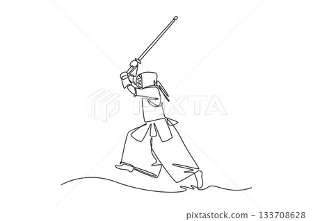Continuous one line drawing man Kendo athlete in full bogu armor running and preparing powerful overhead strike with bamboo sword. Dynamic action. Single line draw design vector graphic illustration Continuous one line drawing man Kendo athlete in full bogu armor running and preparing powerful overhead strike with bamboo sword. Dynamic action. Single line draw design vector graphic illustration 133708628
