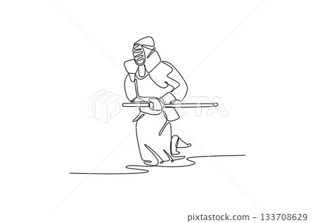 Continuous one line drawing attractive man Kendo athlete in full bogu armor executing crouched forward movement with bamboo sword held horizontally. Single line draw design vector graphic illustration 133708629
