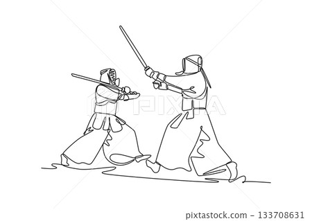 Continuous one line drawing two men Kendo athletes in full bogu armor are engaged in tense sword defense and attack. Dynamic sparring martial arts. Single line draw design vector graphic illustration Continuous one line drawing two men Kendo athletes in full bogu armor are engaged in tense sword defense and attack. Dynamic sparring martial arts. Single line draw design vector graphic illustration 133708631