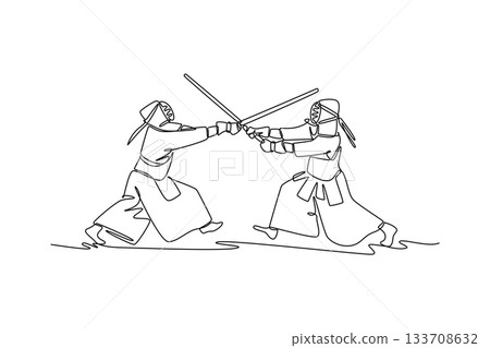 Continuous one line drawing two men Kendo athletes in full bogu armor are engaged in fierce sword clash. Dynamic combat and martial arts discipline. Single line draw design vector graphic illustration Continuous one line drawing two men Kendo athletes in full bogu armor are engaged in fierce sword clash. Dynamic combat and martial arts discipline. Single line draw design vector graphic illustration 133708632