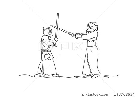 Continuous one line drawing two men Kendo athletes in full bogu armor are engaged in tense sword defense and attack. Dynamic sparring, martial arts. Single line draw design vector graphic illustration Continuous one line drawing two men Kendo athletes in full bogu armor are engaged in tense sword defense and attack. Dynamic sparring, martial arts. Single line draw design vector graphic illustration 133708634