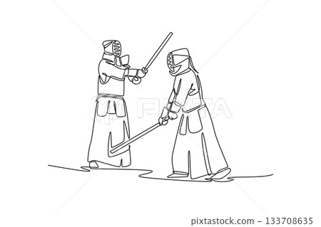 Single continuous line drawing two men Kendo athletes in full bogu armor are engaged in tense sword defense and attack. Dynamic sparring, discipline. One line draw graphic design vector illustration 133708635