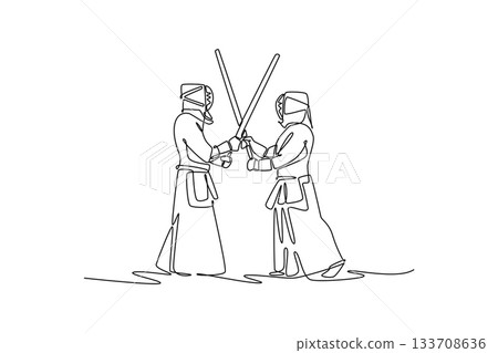 Continuous one line drawing two men Kendo athletes in full bogu armor are engaged in tense sword clash. Dynamic combat and martial arts discipline. Single line draw design vector graphic illustration Continuous one line drawing two men Kendo athletes in full bogu armor are engaged in tense sword clash. Dynamic combat and martial arts discipline. Single line draw design vector graphic illustration 133708636