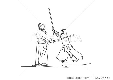 Single continuous line drawing two men Kendo athletes in full bogu armor are engaged in fierce sword clash. Dynamic combat and martial arts discipline. One line draw graphic design vector illustration 133708638
