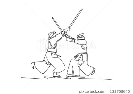 Single continuous line drawing two men Kendo athletes in full bogu armor, are engaged in a fierce sword clash. Dynamic combat and martial discipline. One line draw graphic design vector illustration Single continuous line drawing two men Kendo athletes in full bogu armor, are engaged in a fierce sword clash. Dynamic combat and martial discipline. One line draw graphic design vector illustration 133708640