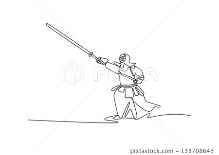Single continuous line drawing man Kendo athlete poised in forward stance, striking or thrusting bamboo sword (shinai). Discipline and dynamic action. One line draw graphic design vector illustration 133708643