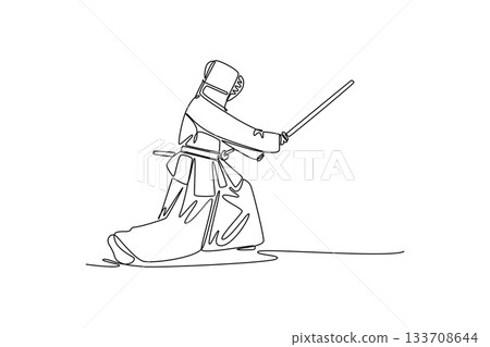 Single one line drawing side view of man Kendo athlete crouching in low, deep stance, delivering horizontal strike with a bamboo sword (shinai). Continuous line draw design graphic vector illustration 133708644