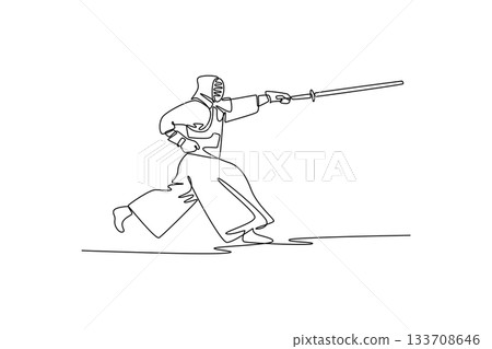 Single one line drawing man Kendo athlete poised in forward-moving stance, lunging to strike with bamboo sword (shinai). Dynamic action. Modern continuous line draw design graphic vector illustration 133708646