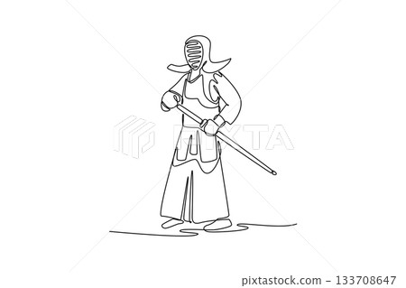 Single one line drawing young man Kendo athlete standing in formal guard stance with bamboo sword (shinai). Discipline, control, and readiness. Continuous line draw design graphic vector illustration 133708647