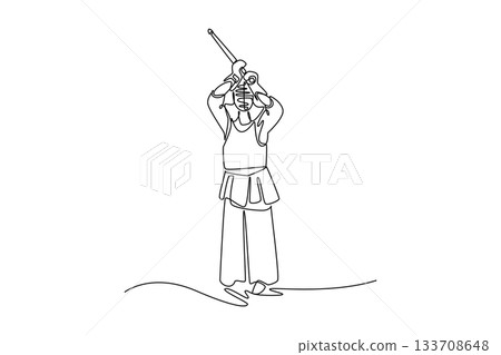 Single one line drawing man Kendo athlete standing in tall guard stance with bamboo sword (shinai) held high overhead. Discipline and readiness. Continuous line draw design graphic vector illustration 133708648