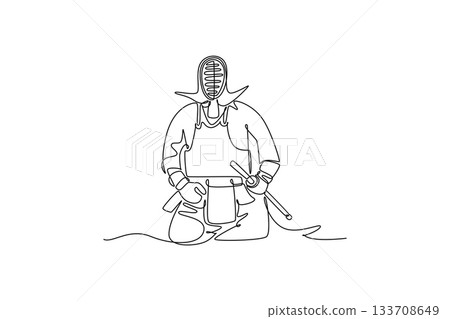 Single one line drawing young man Kendo athlete sitting in kneeling position (seiza) wearing full bogu armor. Discipline and formal tradition. Continuous line draw design graphic vector illustration 133708649