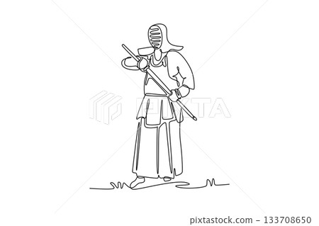 Single one line drawing man Kendo athlete is standing in formal guard stance with bamboo sword (shinai), illustrating discipline and readiness. Continuous line draw design graphic vector illustration Single one line drawing man Kendo athlete is standing in formal guard stance with bamboo sword (shinai), illustrating discipline and readiness. Continuous line draw design graphic vector illustration 133708650