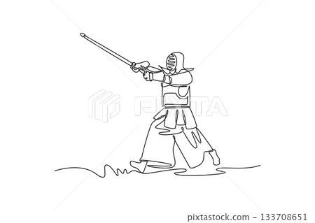 Single one line drawing man Kendo athlete poised in forward stance, lunging to strike with bamboo sword (shinai). Discipline and dynamic action. Continuous line draw design graphic vector illustration Single one line drawing man Kendo athlete poised in forward stance, lunging to strike with bamboo sword (shinai). Discipline and dynamic action. Continuous line draw design graphic vector illustration 133708651