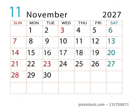 2027 Calendar November 133708671