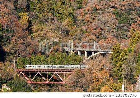 A train running on the Chuo Main Line amid autumn leaves 133708776