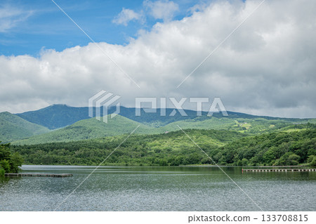 Lake Baragi and the green mountains of Tsumagoi Village in summer Lake Baragi and the green mountains of Tsumagoi Village in summer 133708815