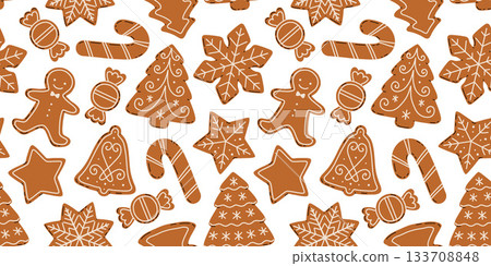 Christmas Gingerbread Cookies seamless pattern. Winter sweet homemade biscuits in different shapes. Christmas Gingerbread Cookies seamless pattern. Winter sweet homemade biscuits in different shapes. 133708848