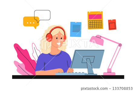 Working at home vector flat style illustration. Online career. Home office illustration. Young woman freelancer working on laptop or computer at home. Business woman at home in quarantine 133708853