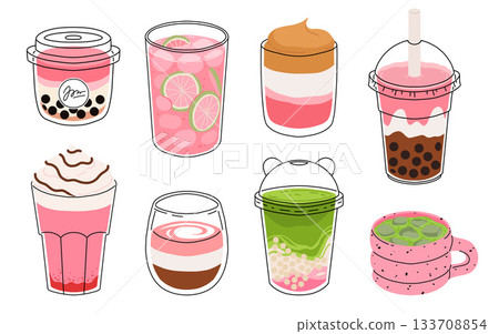 Collection of drinks for Valentine's Day. Mug with coffee, cocoa, hot chocolate, cream, bubble tea, strawberry milk with hearts, cherry cocktail, latte, love potion. Hot and cold beverages 133708854
