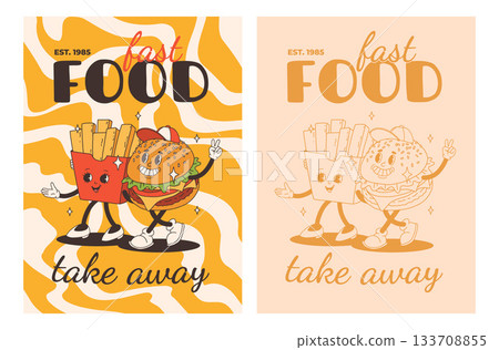 Set of fast food posters. Retro groovy cards with street food characters. Brochure with funky groovy burger, french fries, soda, ice cream, donut, pie, coffee to go, sandwich. Fast food delivery 133708855