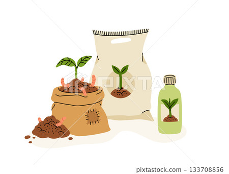 Cartoon flat icon of organic composting theme. Garden tools, bag of compost, ground, food garbage. Illustration of bio, organic fertilizer, compost bin and box, agronomy. 133708856