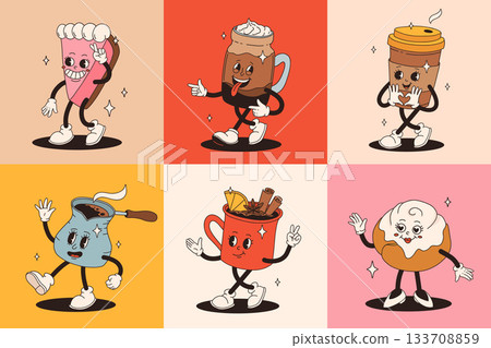 Retro groovy set with coffee mascot, cartoon characters, funny colorful doodle style characters, cappuccino, cocoa, latte, espresso and americano. Vector illustration on beige isolated background. Retro groovy set with coffee mascot, cartoon characters, funny colorful doodle style characters, cappuccino, cocoa, latte, espresso and americano. Vector illustration on beige isolated background. 133708859
