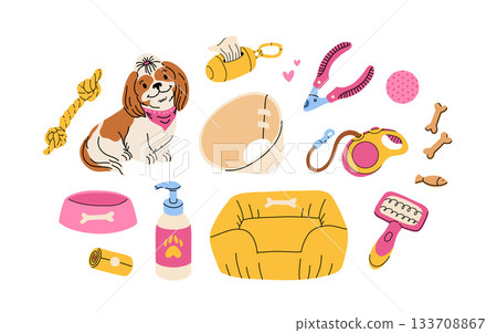 Dog accessories and toys supply set for puppy shop. Veterinary food product and care goods, dog clothes and beds. vector illustration isolated on white background Dog accessories and toys supply set for puppy shop. Veterinary food product and care goods, dog clothes and beds. vector illustration isolated on white background 133708867
