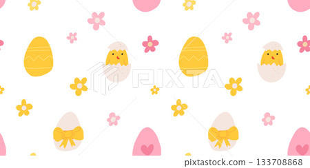 Lovely hand drawn Easter seamless pattern with bunnies, doodles, flowers, easter eggs, beautiful background. Suitable for Easter cards, banner, textiles, wallpapers. Lovely hand drawn Easter seamless pattern with bunnies, doodles, flowers, easter eggs, beautiful background. Suitable for Easter cards, banner, textiles, wallpapers. 133708868