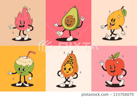 Retro groovy fruit characters. Big collection of funky happy mascots with happy smiling face. 133708870