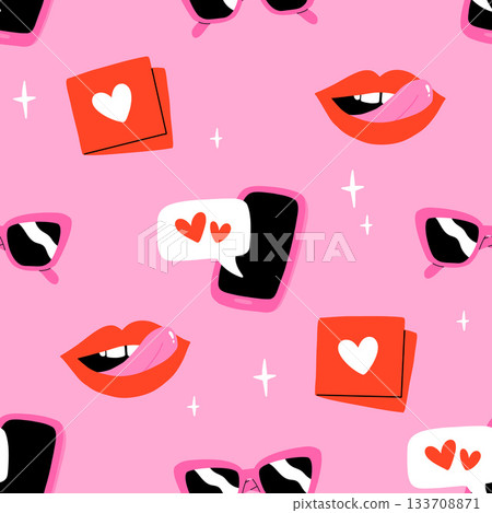 Valentines day elements vector seamless pattern. Gifts, envelope, heart, dessert, messages, candies, locks and other traditional decorations. Cartoon doodle style. Valentines day elements vector seamless pattern. Gifts, envelope, heart, dessert, messages, candies, locks and other traditional decorations. Cartoon doodle style. 133708871