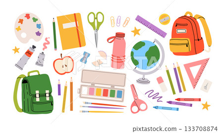 Cute school stationery and Art Supplies big Set, cartoon style. Kawaii accessories for study, student equipment. Back to school. Trendy modern vector illustration isolated on white, hand drawn, flat 133708874