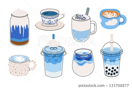Blue latte and tea. Butterfly pea drinks. Ceramic cup on saucer, glass double wall cup. Blue tea drink with milk foam. Blue iced matcha latte in various cups. Vector Illustration, flat cartoon Icons. Blue latte and tea. Butterfly pea drinks. Ceramic cup on saucer, glass double wall cup. Blue tea drink with milk foam. Blue iced matcha latte in various cups. Vector Illustration, flat cartoon Icons. 133708877