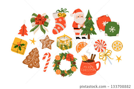 Cozy collection of Christmas and New Year items. Set of traditional winter symbols, elements and decorations christmas tree, wreath, mistletoe, candles, clothes and other. Colored flat illustration 133708882