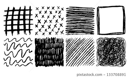 Pencil stroke pattern. Pen doodle scrawl. Hand drawn sketch texture with pencil lines. Cross or parallel hatch. Black and white grunge backgrounds. Vector square hatching shapes set Pencil stroke pattern. Pen doodle scrawl. Hand drawn sketch texture with pencil lines. Cross or parallel hatch. Black and white grunge backgrounds. Vector square hatching shapes set 133708891