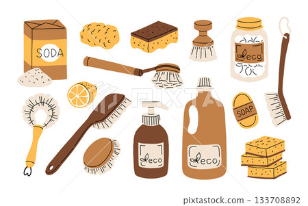 Eco-friendly cleaning tools, different hand brushes set. Natural bristles, washing sponge, scrubber with wooden handles. Ecological supplies. Flat vector illustrations isolated on white background Eco-friendly cleaning tools, different hand brushes set. Natural bristles, washing sponge, scrubber with wooden handles. Ecological supplies. Flat vector illustrations isolated on white background 133708892