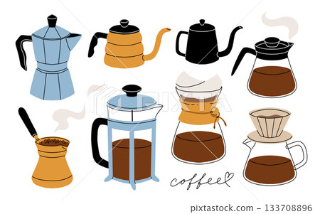 Coffee makers. French press filter and cezve for turkish coffee, chemex, moka pot. Cafe or bakery equipment for morning energy hot drinks, Flat cartoon vector set. 133708896