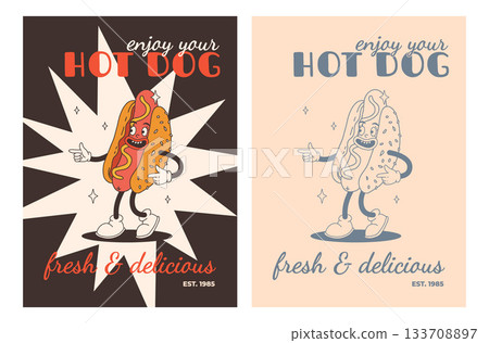 Set of fast food posters. Retro groovy cards with street food characters. Brochure with funky groovy burger, french fries, soda, ice cream, donut, pie, coffee to go, sandwich. Fast food delivery Set of fast food posters. Retro groovy cards with street food characters. Brochure with funky groovy burger, french fries, soda, ice cream, donut, pie, coffee to go, sandwich. Fast food delivery 133708897