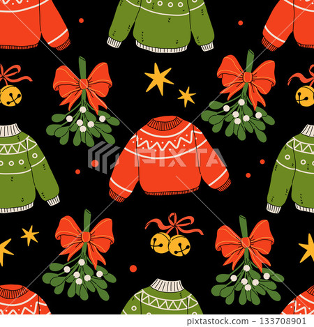 Hygge Winter elements seamless pattern. Cute and cozy cartoon vector collection. Illustration of christmas present, festive garland, warm knitted sweater, envelope, star and skates. 133708901