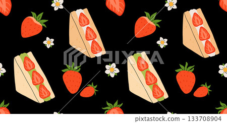 Strawberry flat vector seamless pattern. Summer drinks, sweets and desserts with taste of strawberries. Chocolate strawberry, cookie, sandwich, mochi, cheesecake, tanghulu. 133708904