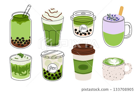 Set of Japan matcha latte. Collection of matcha drinks with latte art heart, leaf, bear, rabbit. Green iced matcha latte in various cups. Vector Illustration, flat cartoon Icons. Set of Japan matcha latte. Collection of matcha drinks with latte art heart, leaf, bear, rabbit. Green iced matcha latte in various cups. Vector Illustration, flat cartoon Icons. 133708905