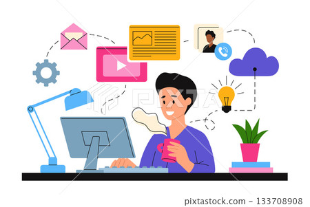 Working at home vector flat style illustration. Online career. Home office illustration. Young man freelancer working on laptop or computer at home. Business man at home in quarantine 133708908