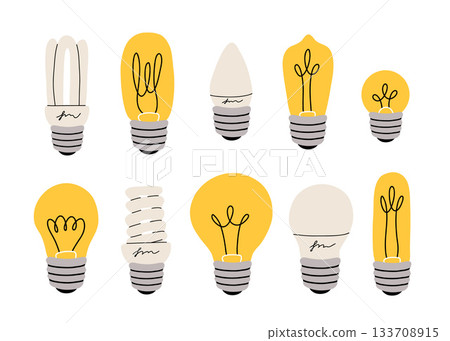 Set of types of lamps - incandescent, fluorescent, halogen, LED. types of light bulbs. Lighting equipment. Electricity. Different variants. Color icon cartoon set in Flat style. 133708915