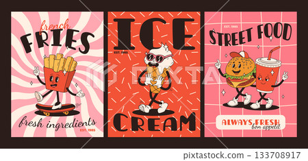 Cartoon fast food poster. Retro groovy cards with mascot food characters. Brochure design with quote text for cafe. Banner with funky groovy burger, french fries, soda, ice cream. Fast food delivery Cartoon fast food poster. Retro groovy cards with mascot food characters. Brochure design with quote text for cafe. Banner with funky groovy burger, french fries, soda, ice cream. Fast food delivery 133708917